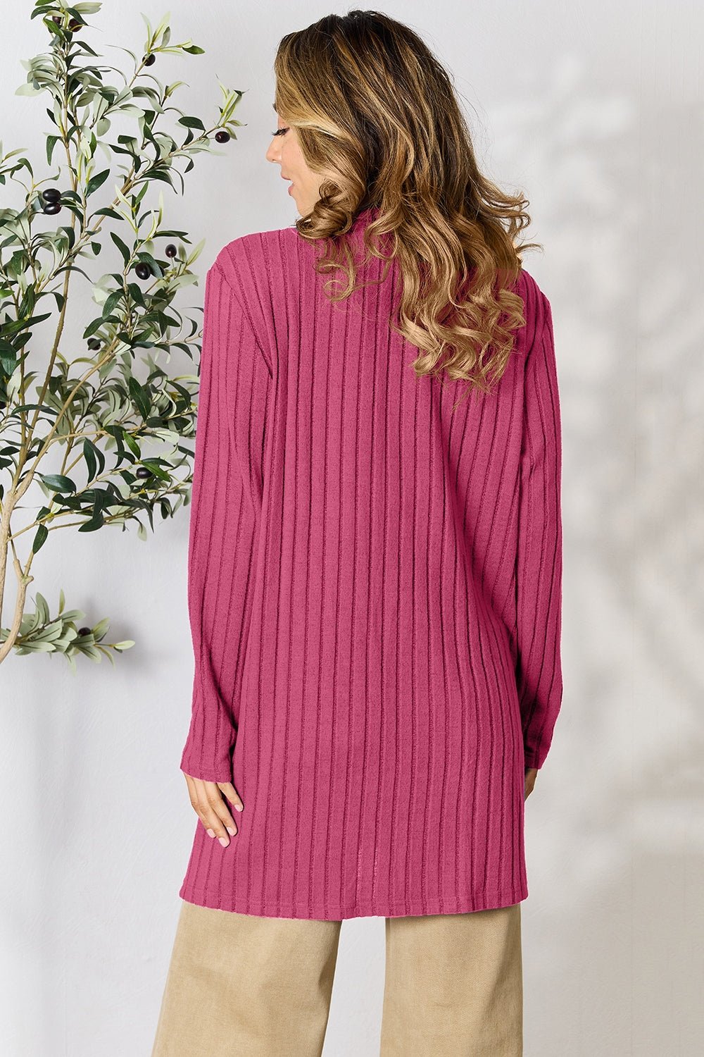 Basic Bae Full Size Ribbed Open Front Cardigan with Pockets - Runway Regalia