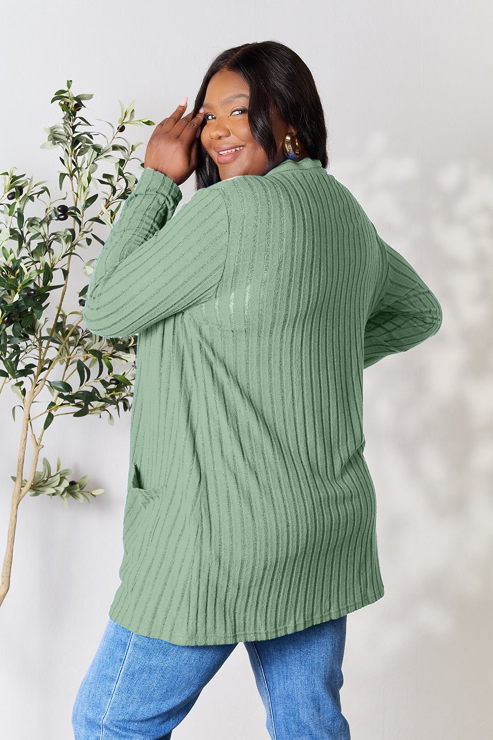 Basic Bae Full Size Ribbed Open Front Cardigan with Pockets - Runway Regalia