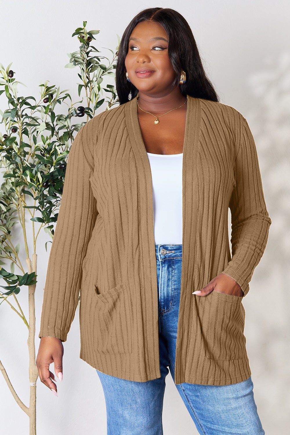 Basic Bae Full Size Ribbed Open Front Cardigan with Pockets - Runway Regalia