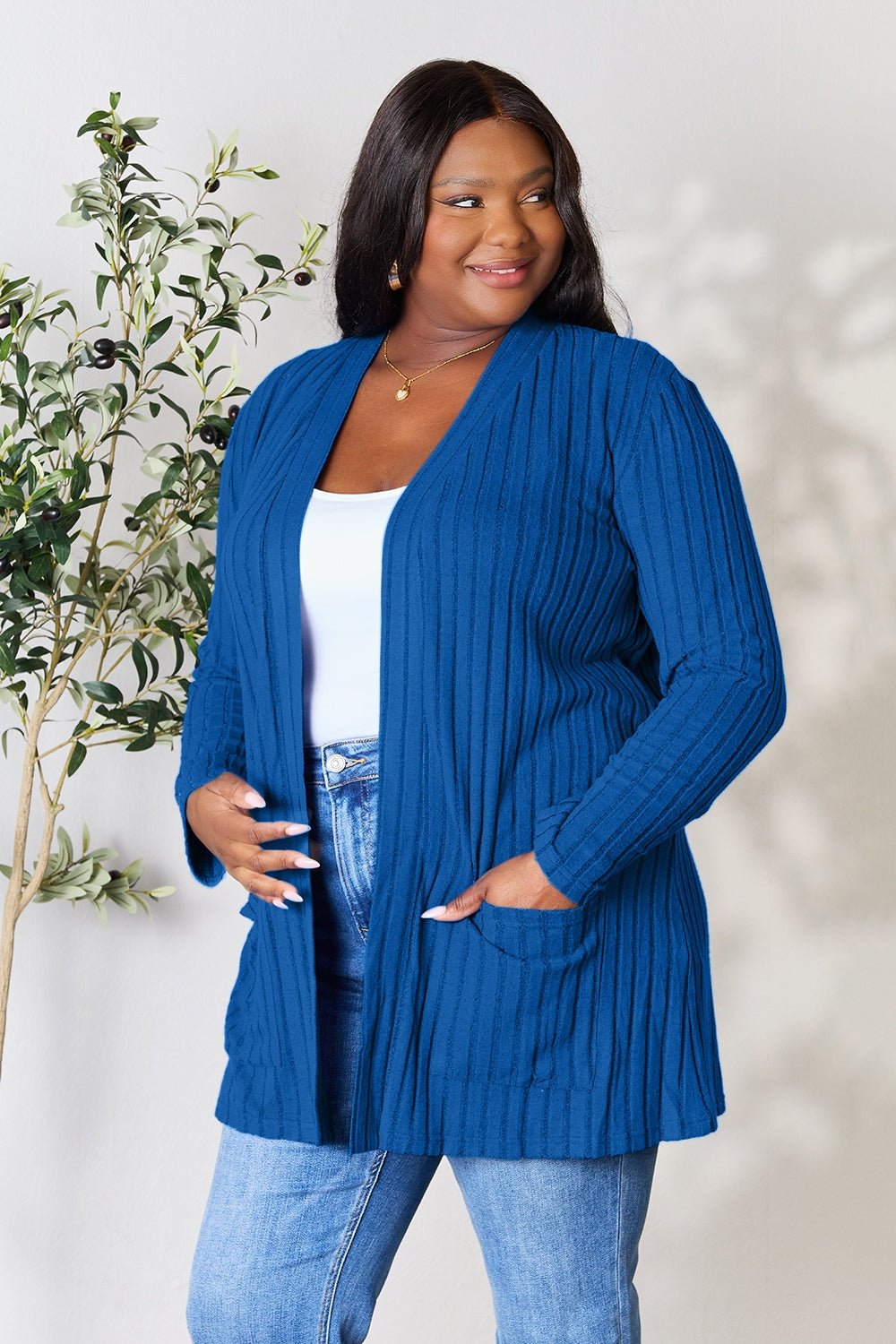 Basic Bae Full Size Ribbed Open Front Cardigan with Pockets - Runway Regalia