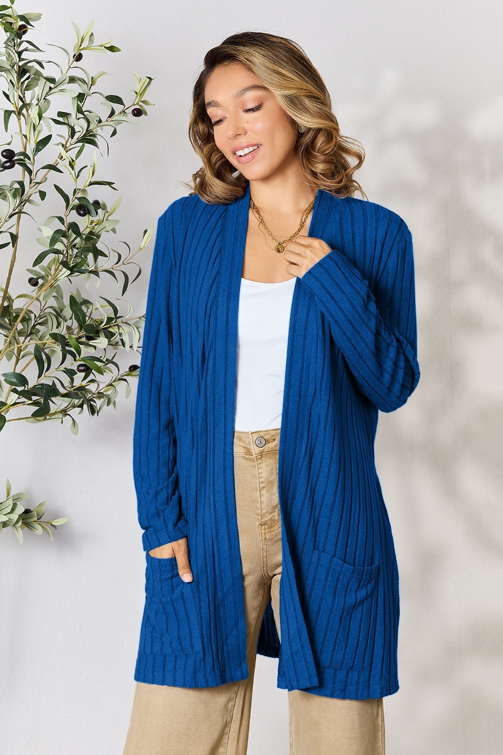 Basic Bae Full Size Ribbed Open Front Cardigan with Pockets - Runway Regalia