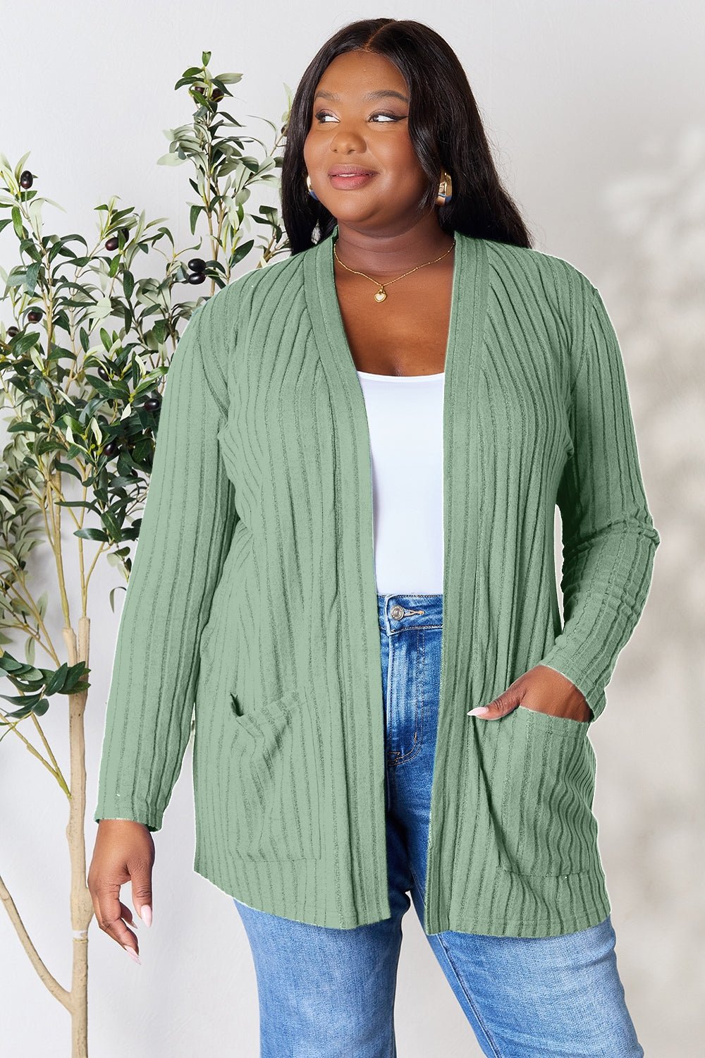 Basic Bae Full Size Ribbed Open Front Cardigan with Pockets - Runway Regalia