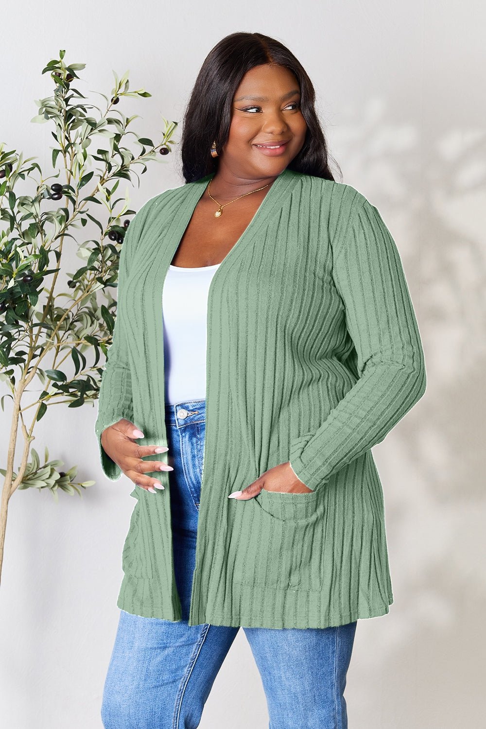 Basic Bae Full Size Ribbed Open Front Cardigan with Pockets - Runway Regalia