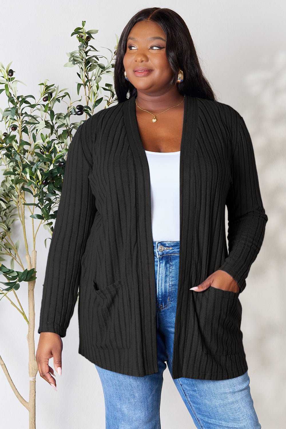 Basic Bae Full Size Ribbed Open Front Cardigan with Pockets - Runway Regalia