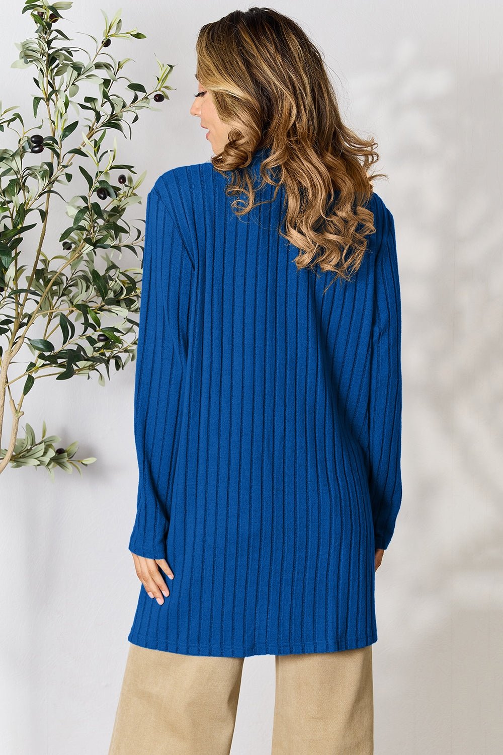 Basic Bae Full Size Ribbed Open Front Cardigan with Pockets - Runway Regalia