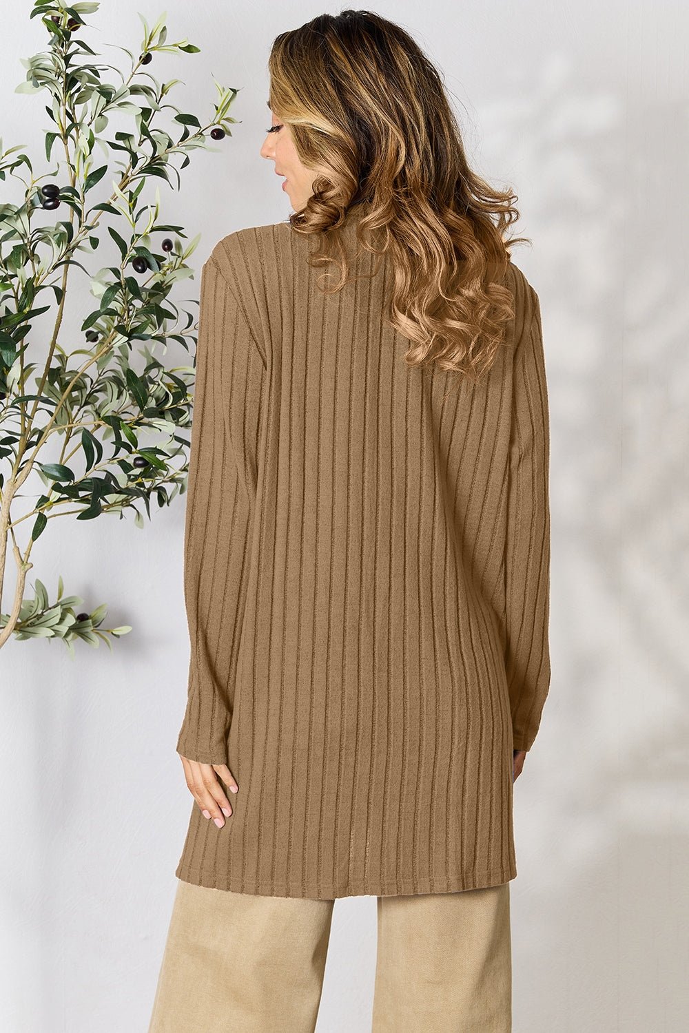 Basic Bae Full Size Ribbed Open Front Cardigan with Pockets - Runway Regalia