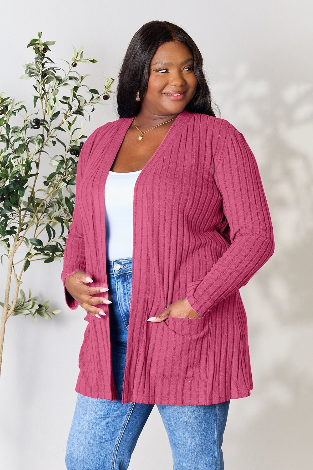 Basic Bae Full Size Ribbed Open Front Cardigan with Pockets - Runway Regalia