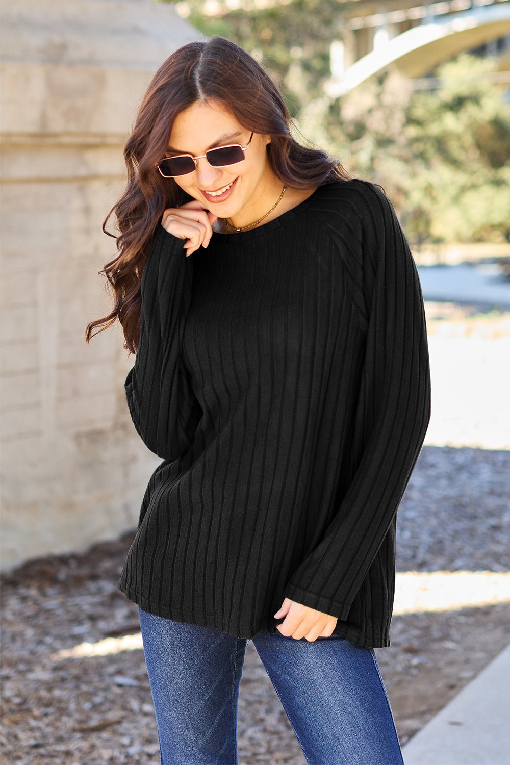 Basic Bae Full Size Ribbed Round Neck Long Sleeve Knit Top - Runway Regalia