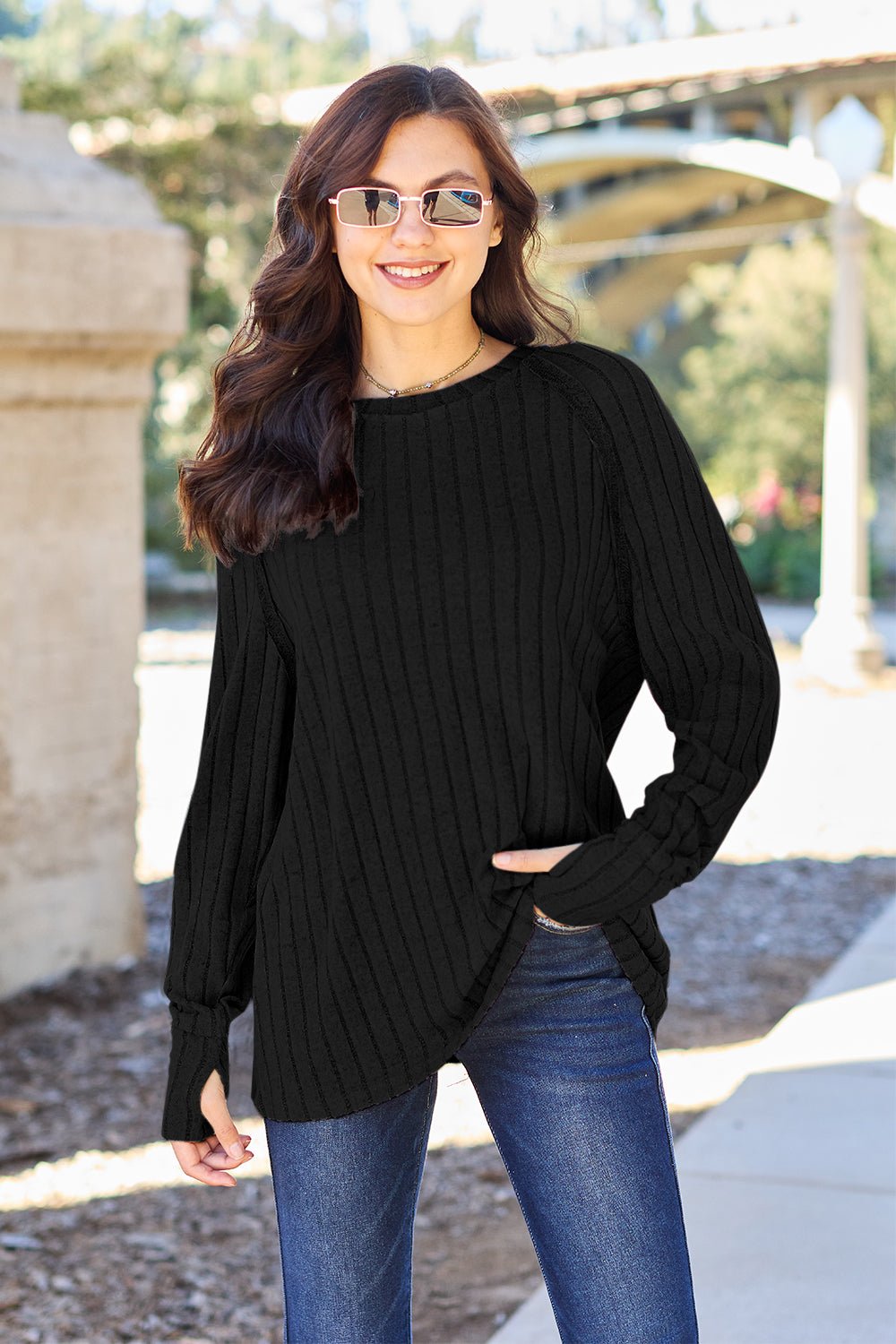 Basic Bae Full Size Ribbed Round Neck Long Sleeve Knit Top - Runway Regalia