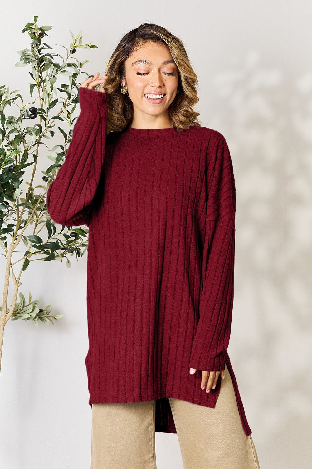 Basic Bae Full Size Ribbed Round Neck Long Sleeve Slit Top - Runway Regalia