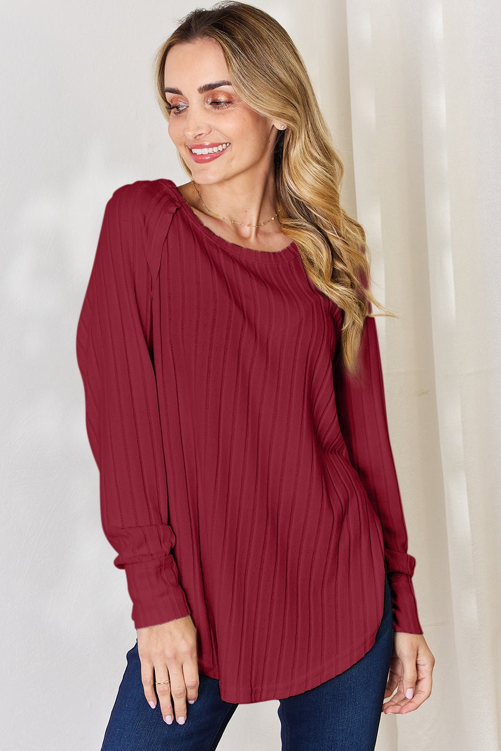 Basic Bae Full Size Ribbed Round Neck Slit T-Shirt - Runway Regalia