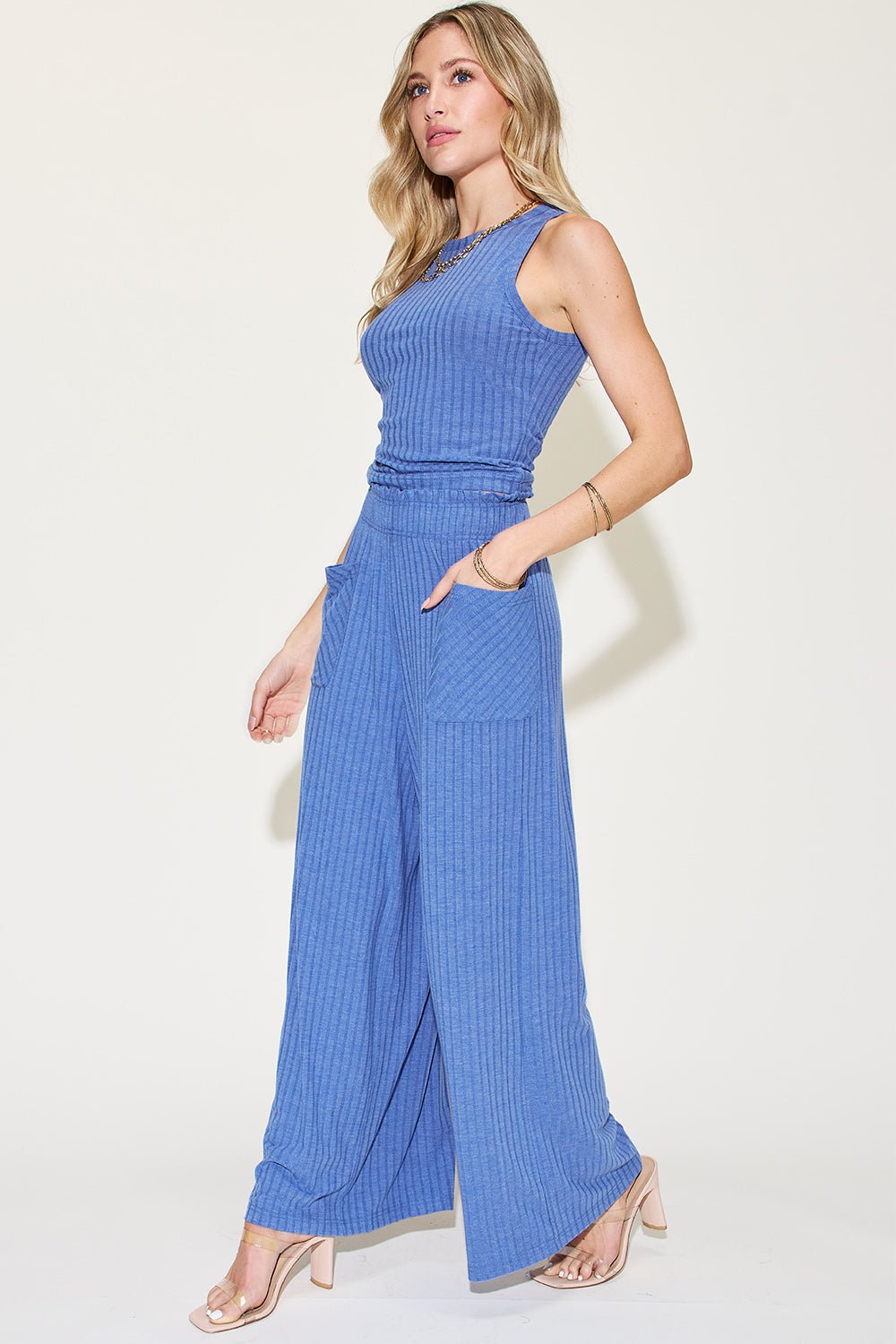 Basic Bae Full Size Ribbed Tank and Wide Leg Pants Set - Runway Regalia