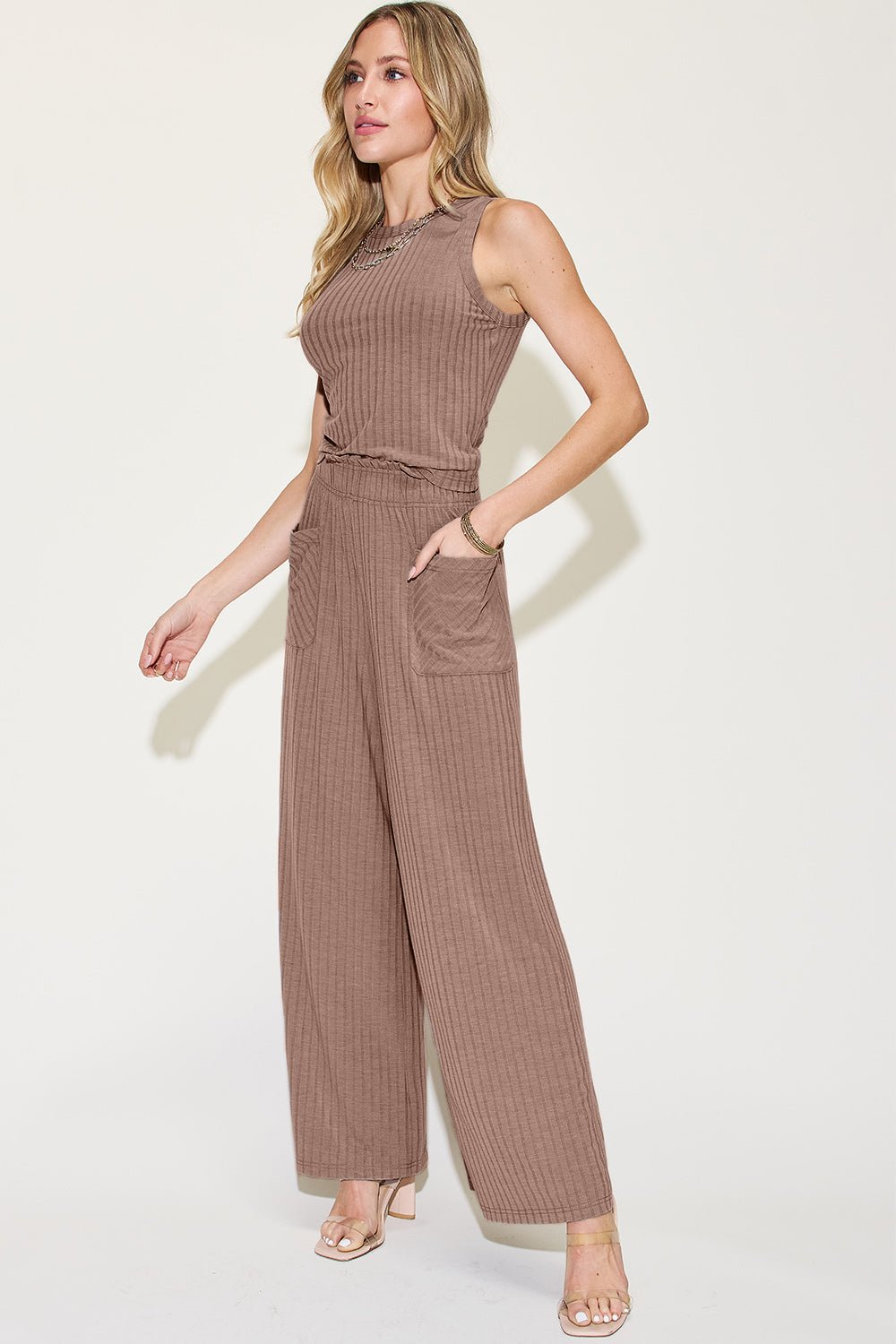 Basic Bae Full Size Ribbed Tank and Wide Leg Pants Set - Runway Regalia