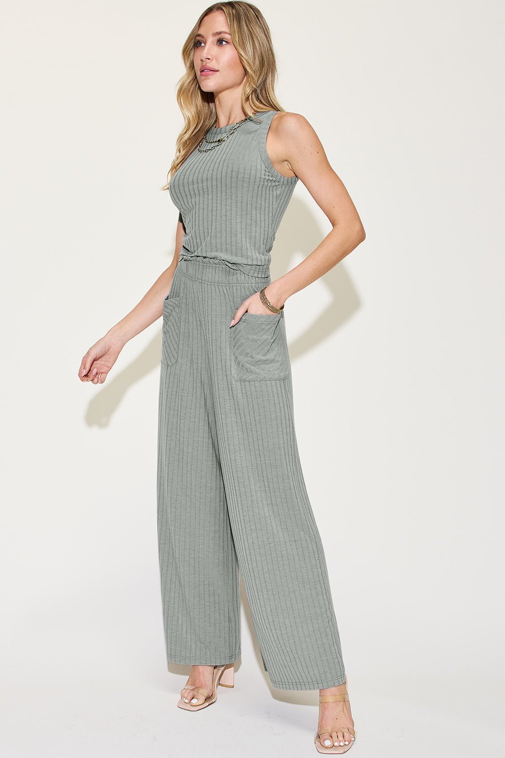 Basic Bae Full Size Ribbed Tank and Wide Leg Pants Set - Runway Regalia