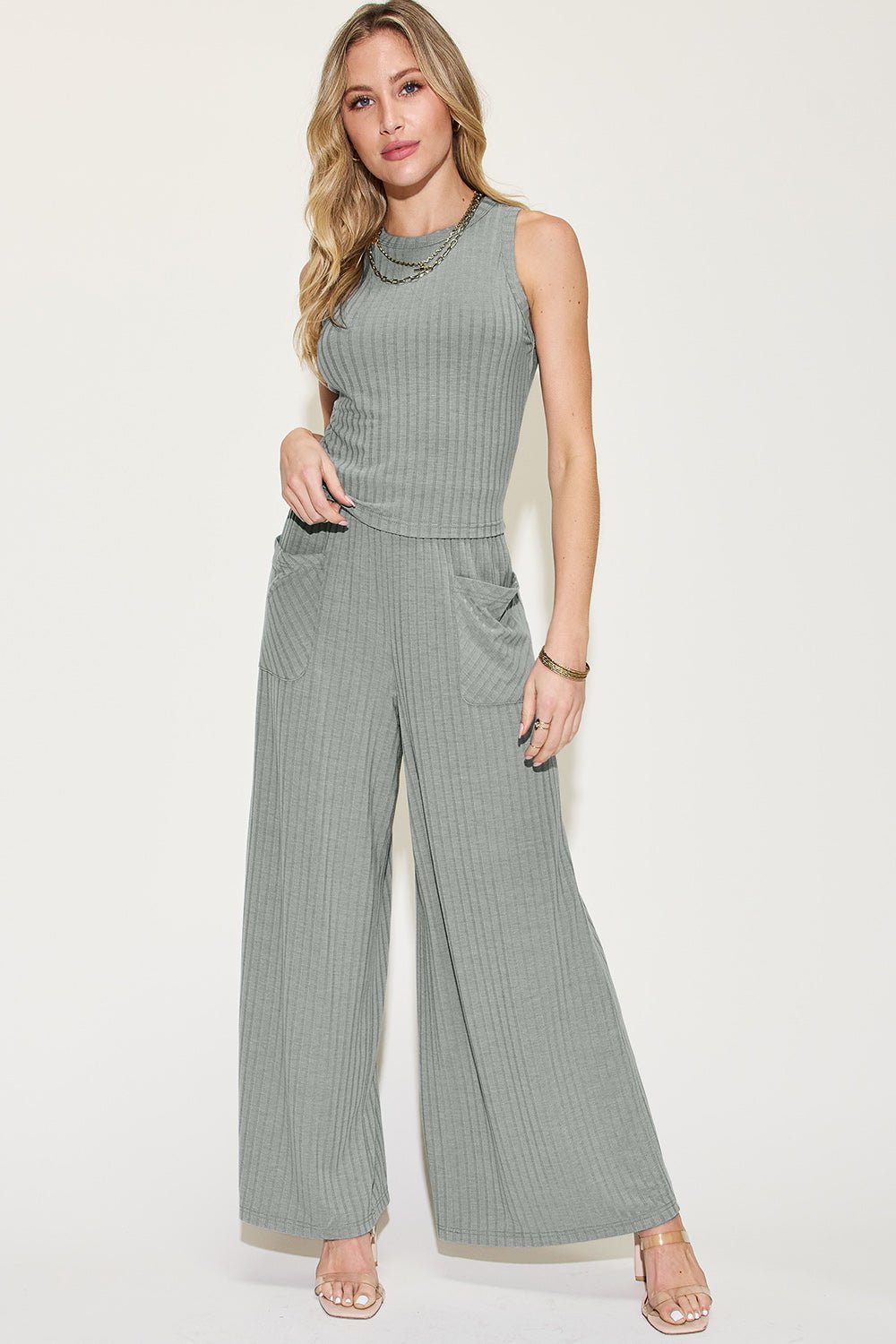 Basic Bae Full Size Ribbed Tank and Wide Leg Pants Set - Runway Regalia