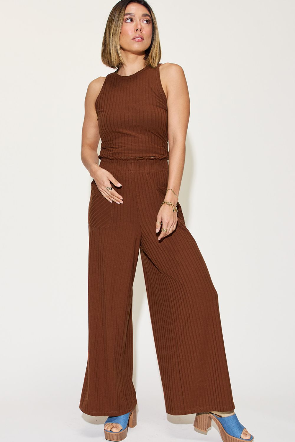 Basic Bae Full Size Ribbed Tank and Wide Leg Pants Set - Runway Regalia