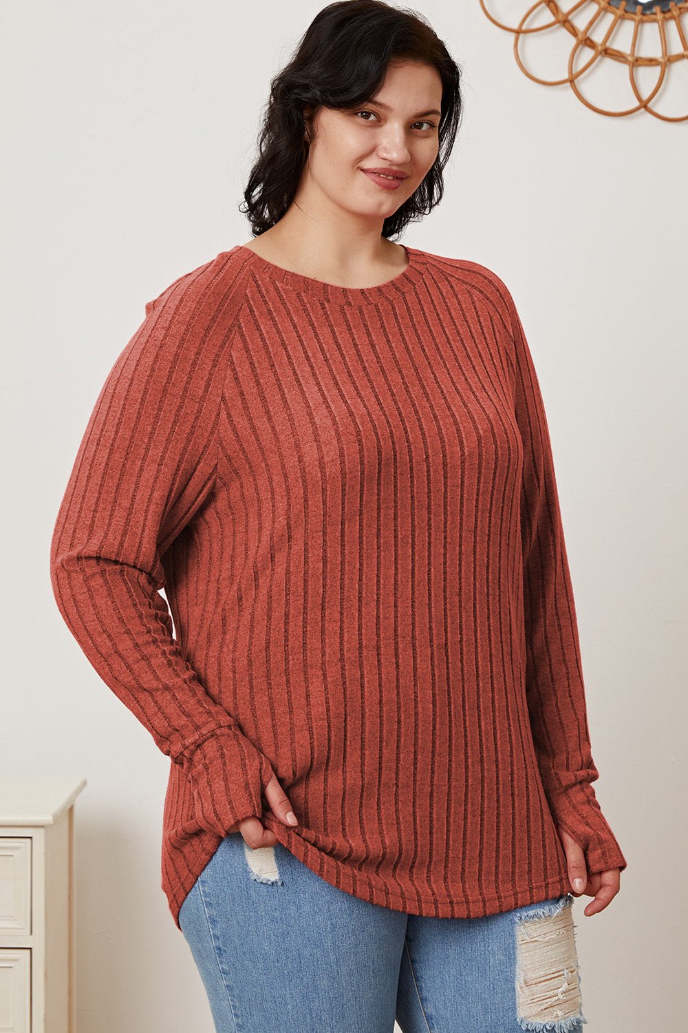 Basic Bae Full Size Ribbed Thumbhole Sleeve T-Shirt - Runway Regalia