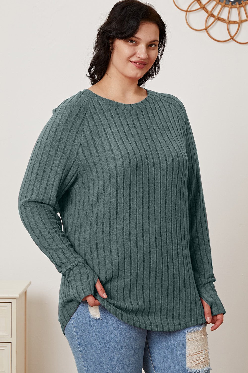 Basic Bae Full Size Ribbed Thumbhole Sleeve T-Shirt - Runway Regalia