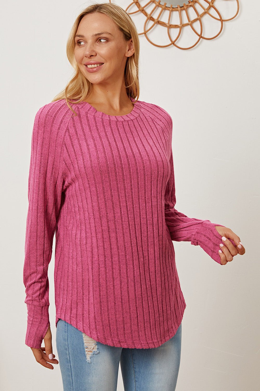 Basic Bae Full Size Ribbed Thumbhole Sleeve T-Shirt - Runway Regalia