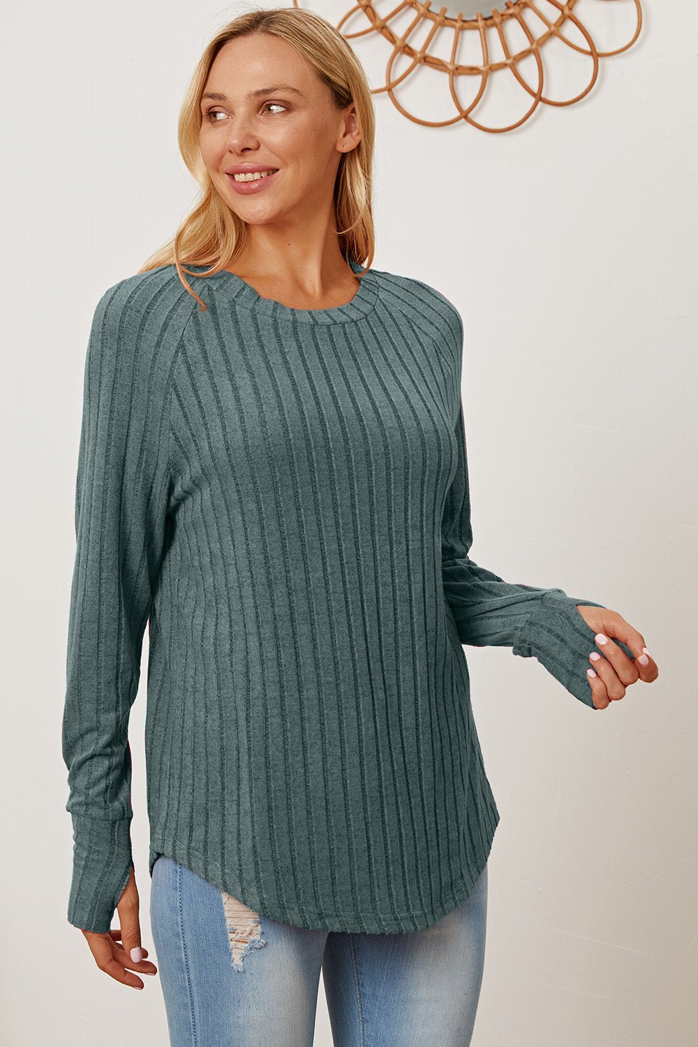 Basic Bae Full Size Ribbed Thumbhole Sleeve T-Shirt - Runway Regalia