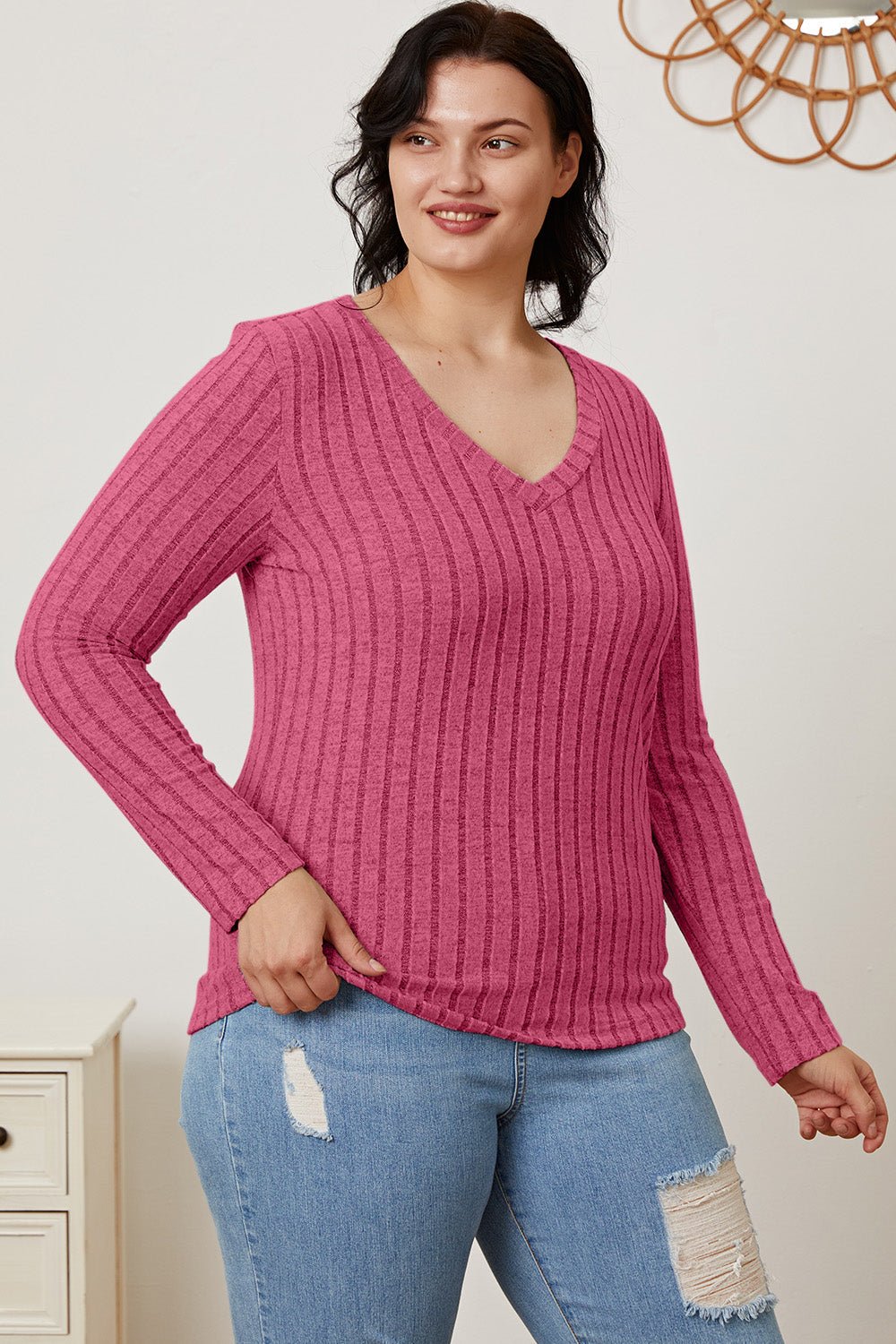 Basic Bae Full Size Ribbed V - Neck Long Sleeve T-Shirt - Runway Regalia