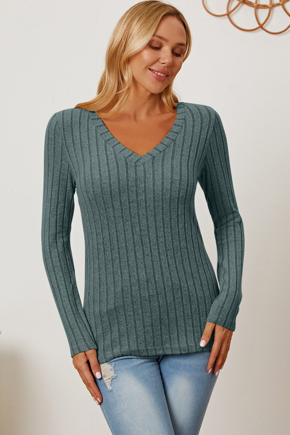 Basic Bae Full Size Ribbed V - Neck Long Sleeve T-Shirt - Runway Regalia