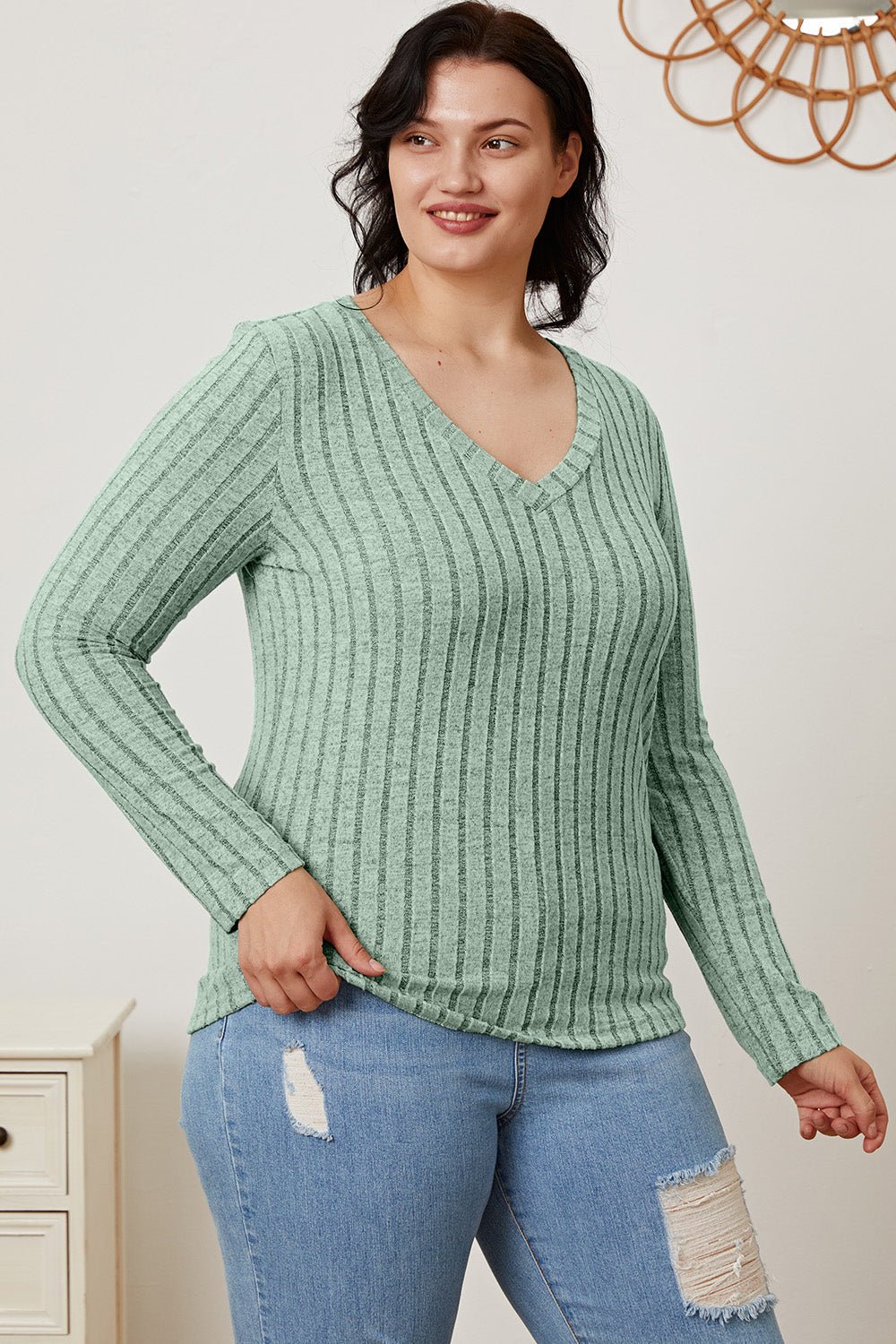 Basic Bae Full Size Ribbed V - Neck Long Sleeve T-Shirt - Runway Regalia