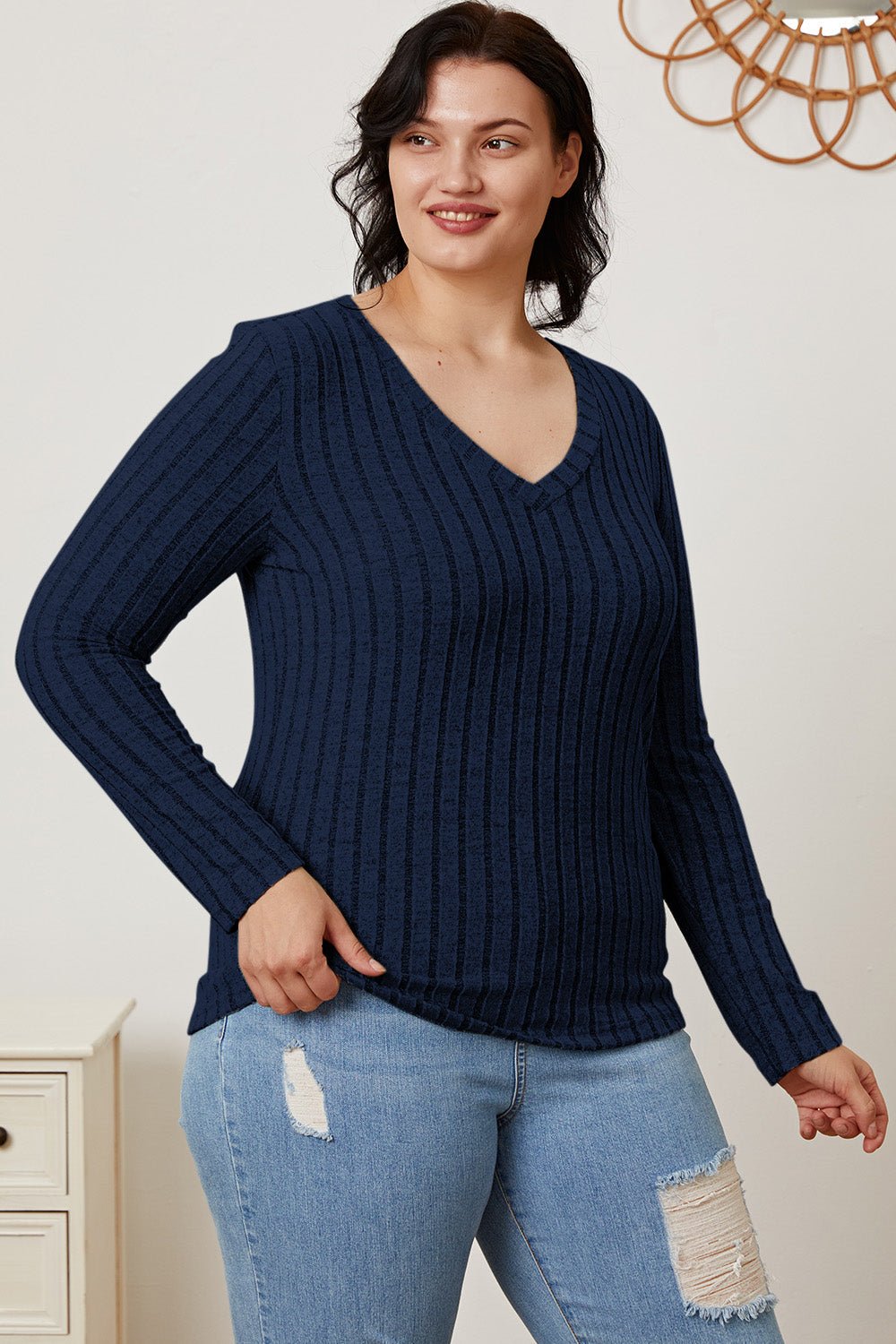 Basic Bae Full Size Ribbed V - Neck Long Sleeve T-Shirt - Runway Regalia