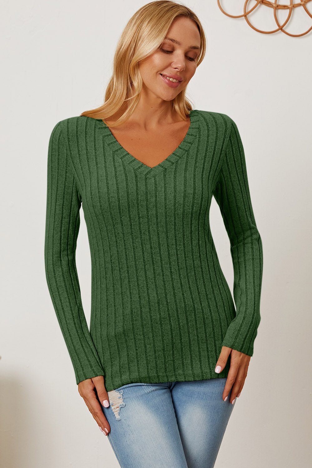 Basic Bae Full Size Ribbed V - Neck Long Sleeve T-Shirt - Runway Regalia