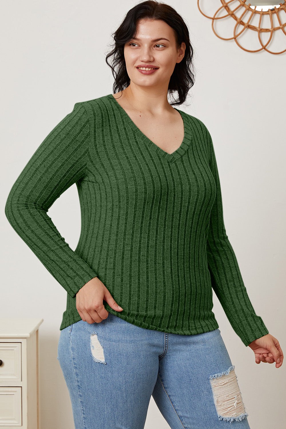 Basic Bae Full Size Ribbed V - Neck Long Sleeve T-Shirt - Runway Regalia