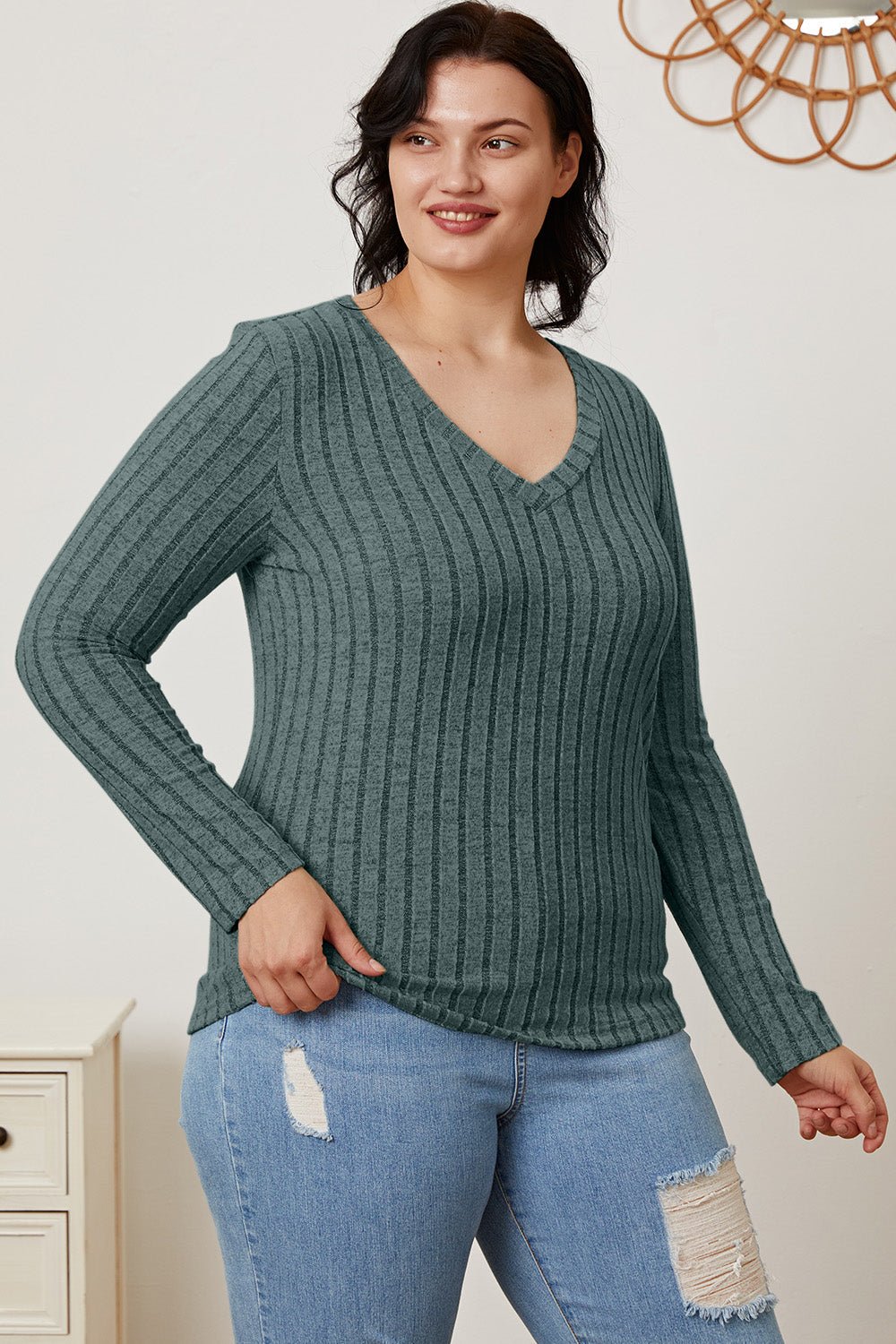 Basic Bae Full Size Ribbed V - Neck Long Sleeve T-Shirt - Runway Regalia