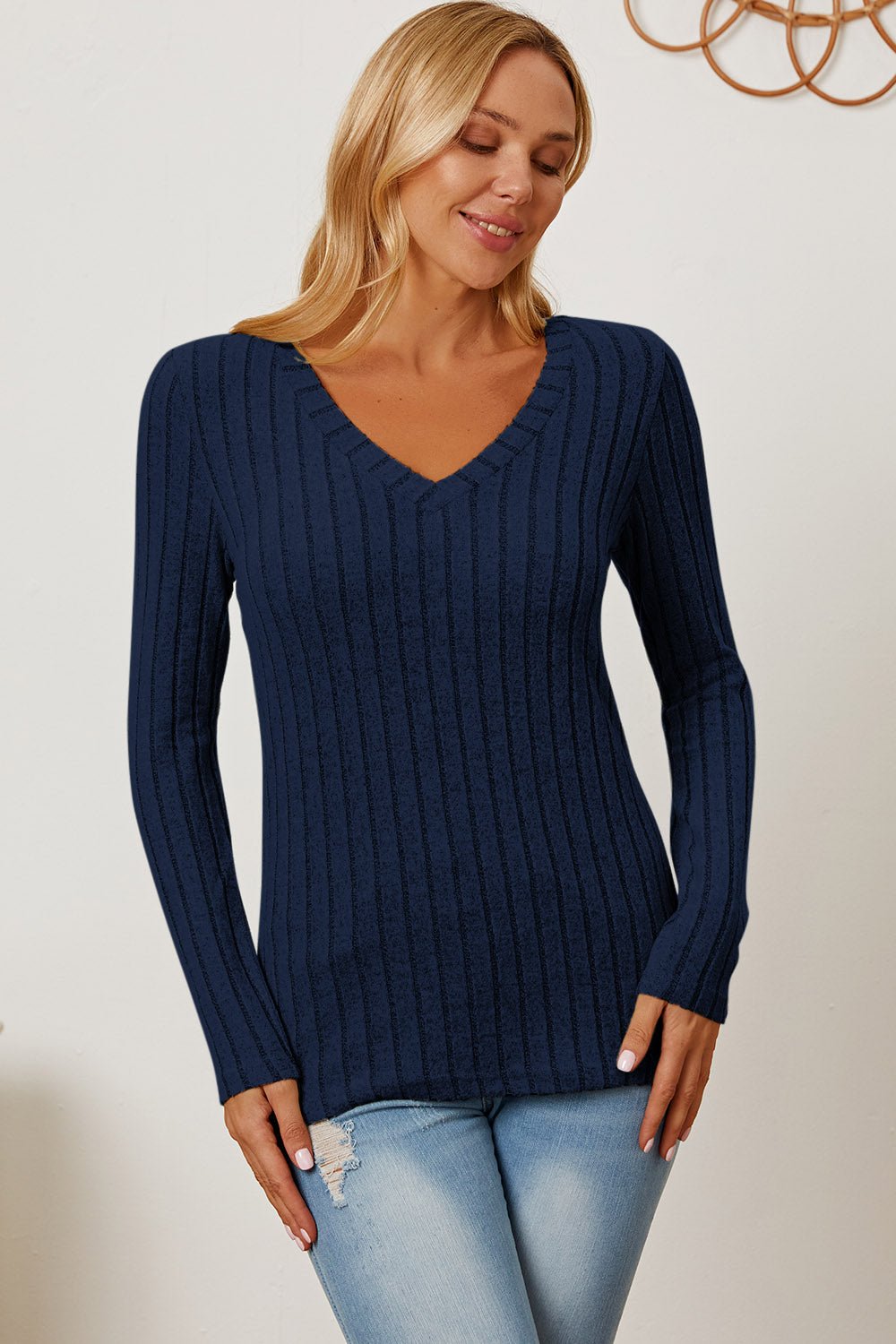 Basic Bae Full Size Ribbed V - Neck Long Sleeve T-Shirt - Runway Regalia