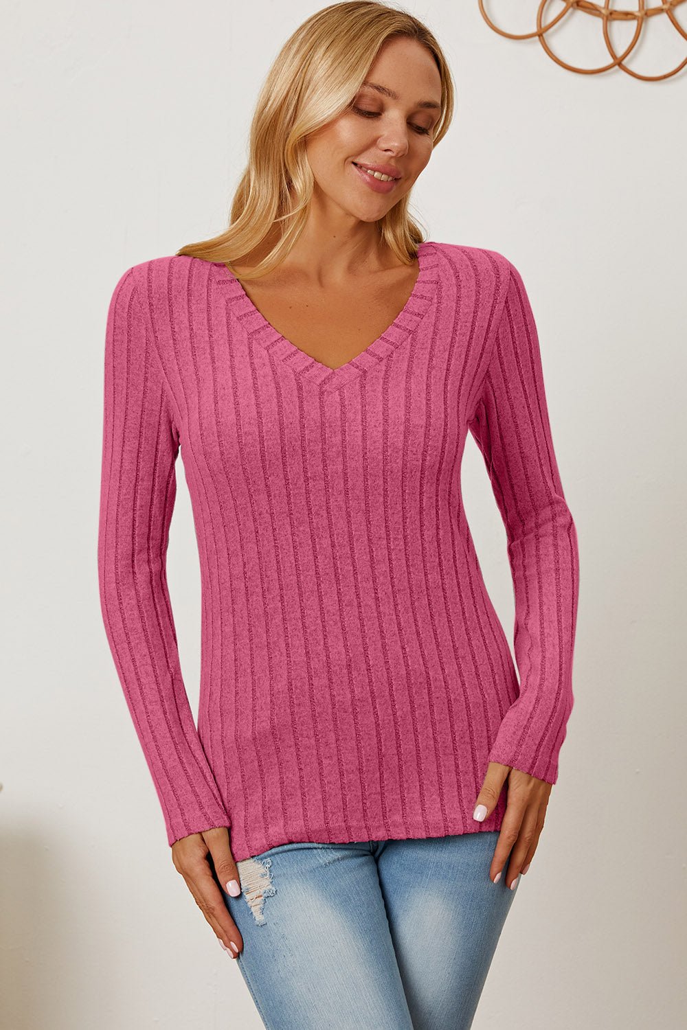 Basic Bae Full Size Ribbed V - Neck Long Sleeve T-Shirt - Runway Regalia