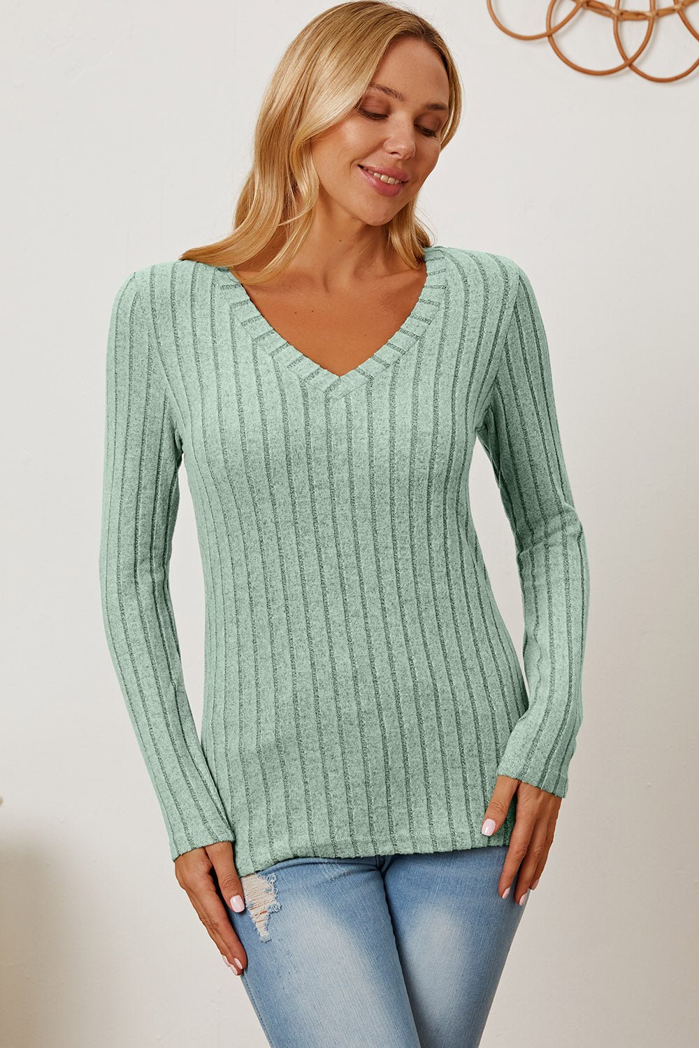 Basic Bae Full Size Ribbed V - Neck Long Sleeve T-Shirt - Runway Regalia