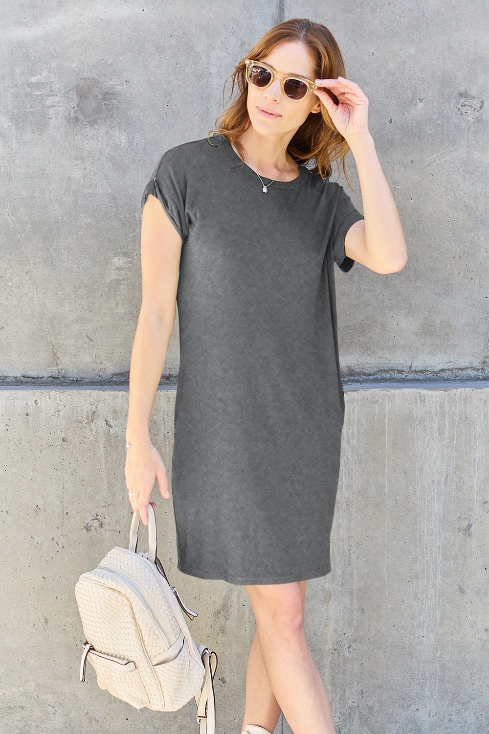 Basic Bae Full Size Round Neck Short Sleeve Dress with Pockets - Runway Regalia