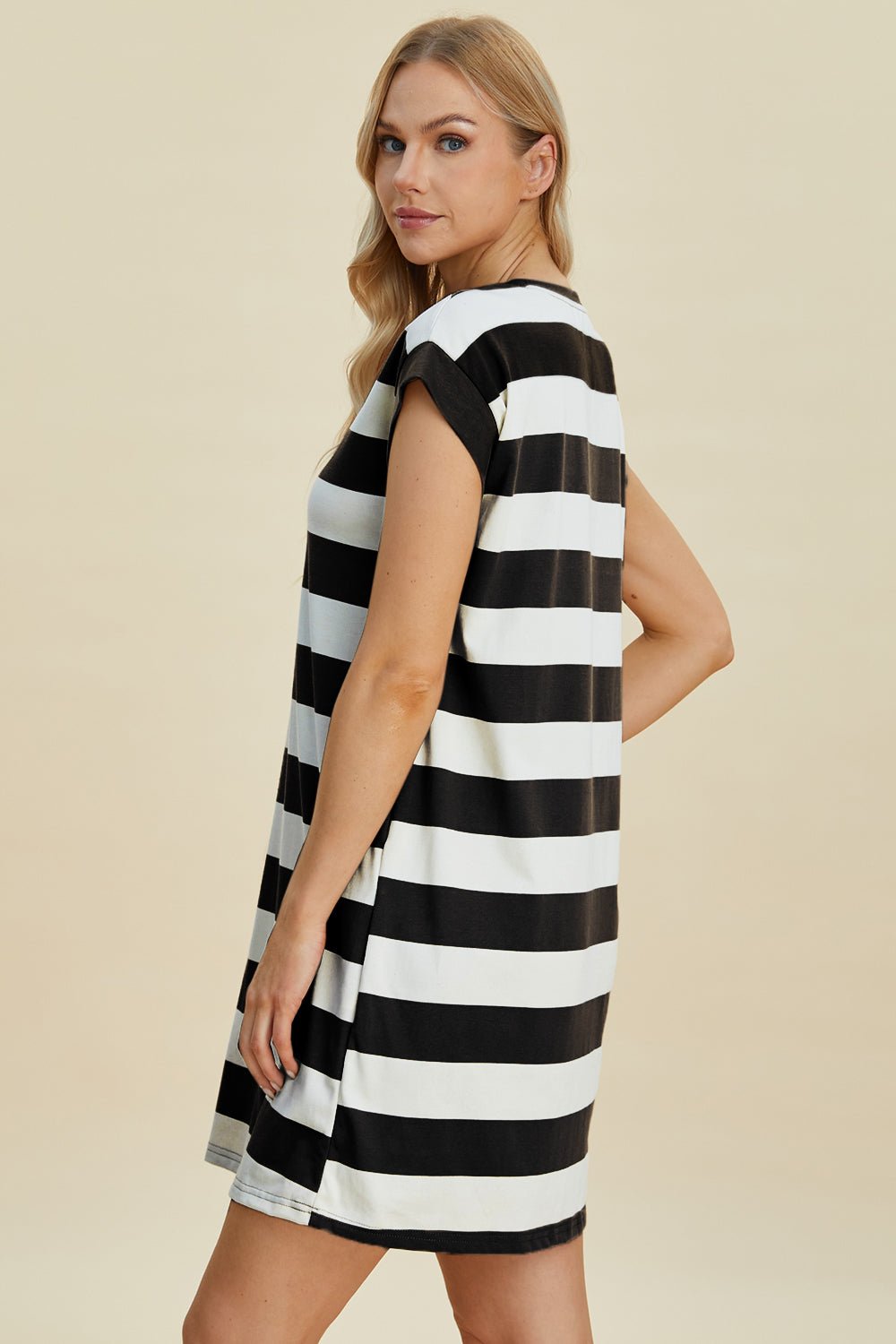 Basic Bae Full Size Striped Round Neck Cap Sleeve Mini Dress - Runway Regalia