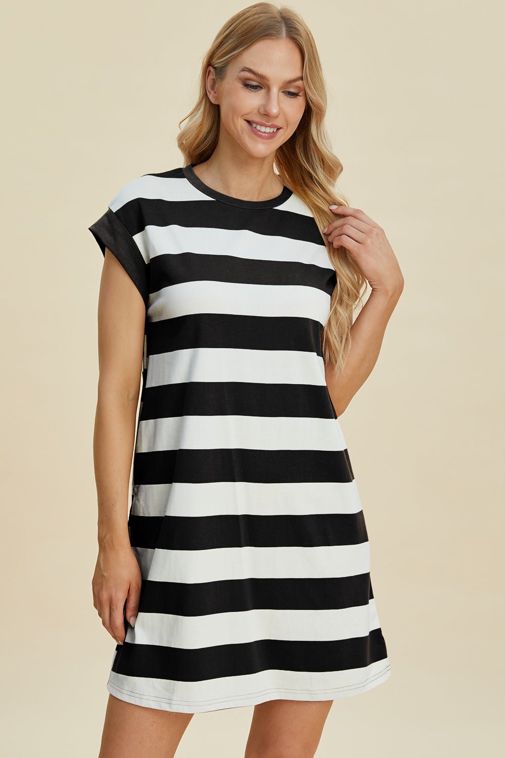 Basic Bae Full Size Striped Round Neck Cap Sleeve Mini Dress - Runway Regalia