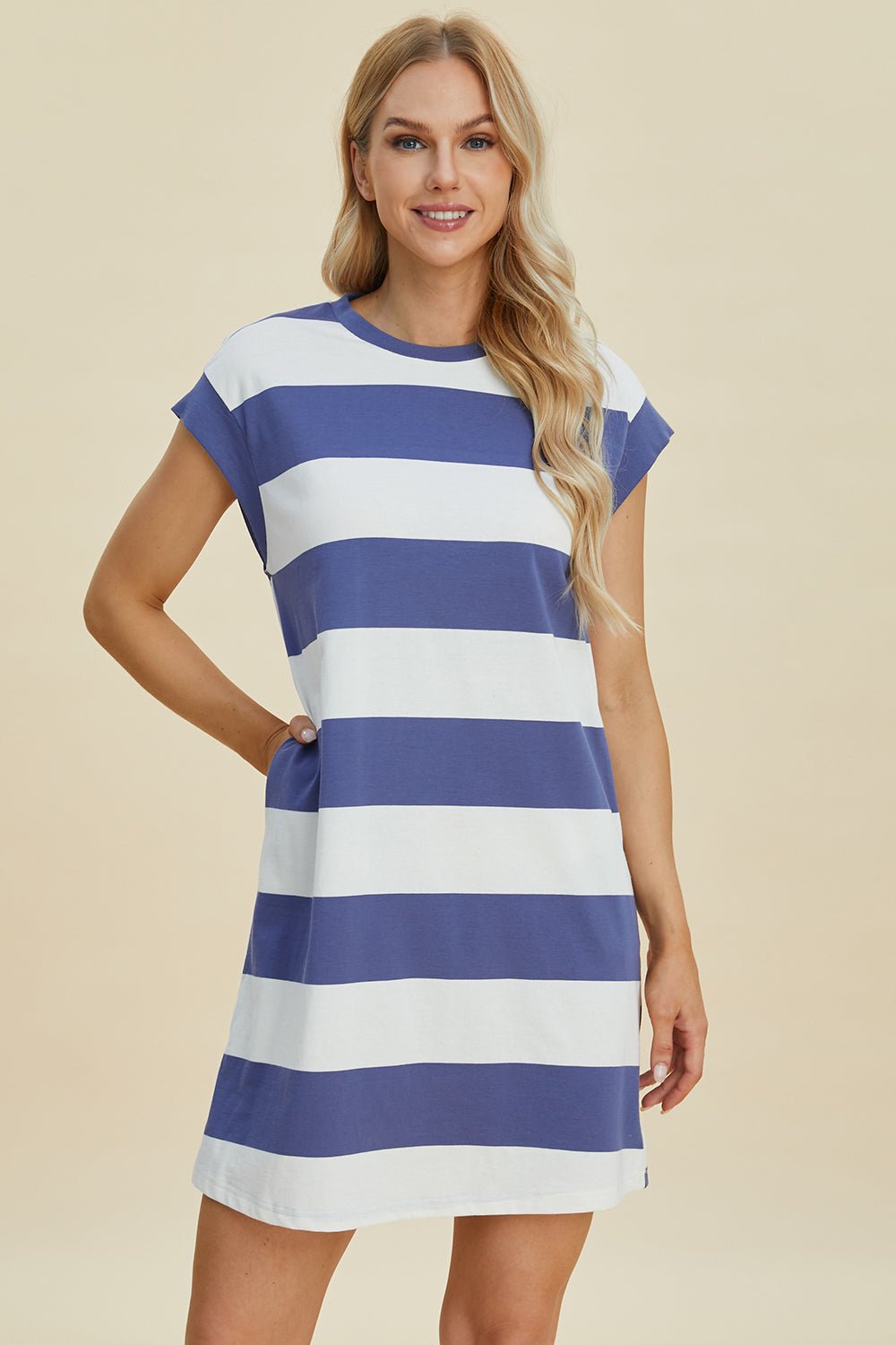 Basic Bae Full Size Striped Round Neck Cap Sleeve Mini Dress - Runway Regalia