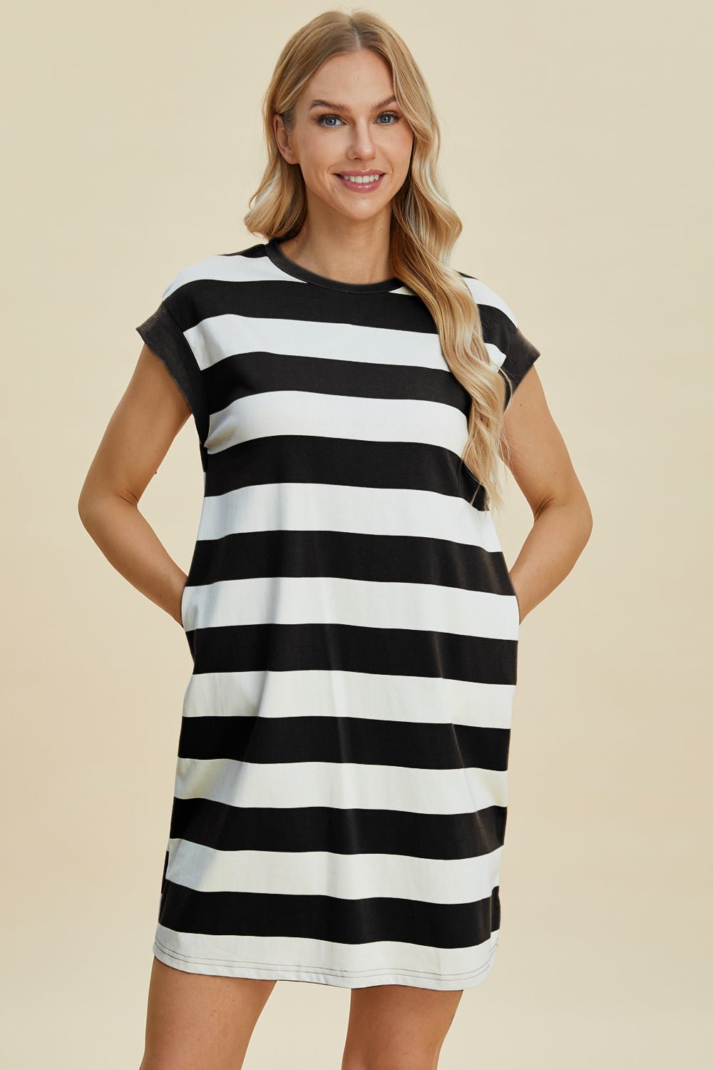 Basic Bae Full Size Striped Round Neck Cap Sleeve Mini Dress - Runway Regalia