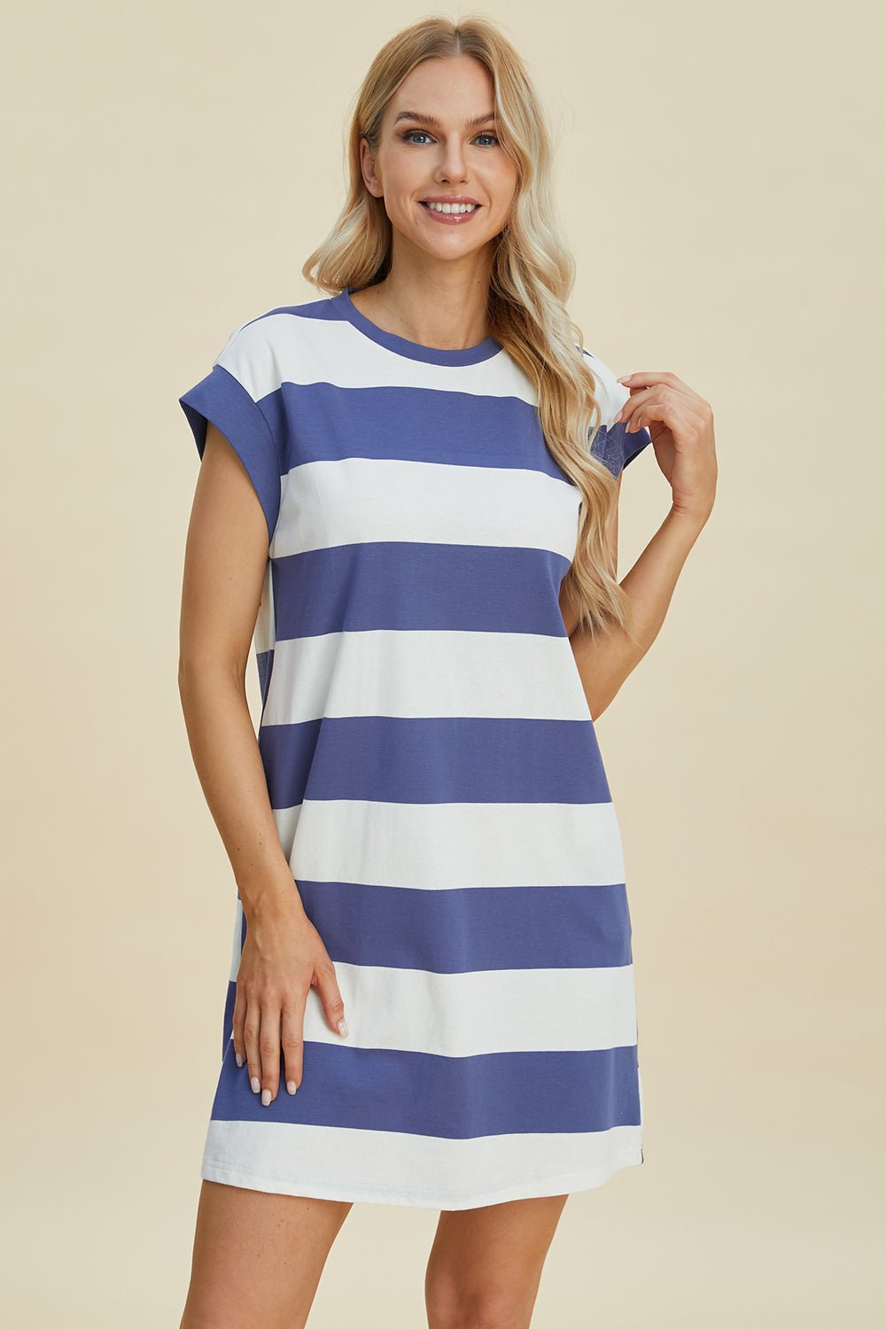 Basic Bae Full Size Striped Round Neck Cap Sleeve Mini Dress - Runway Regalia