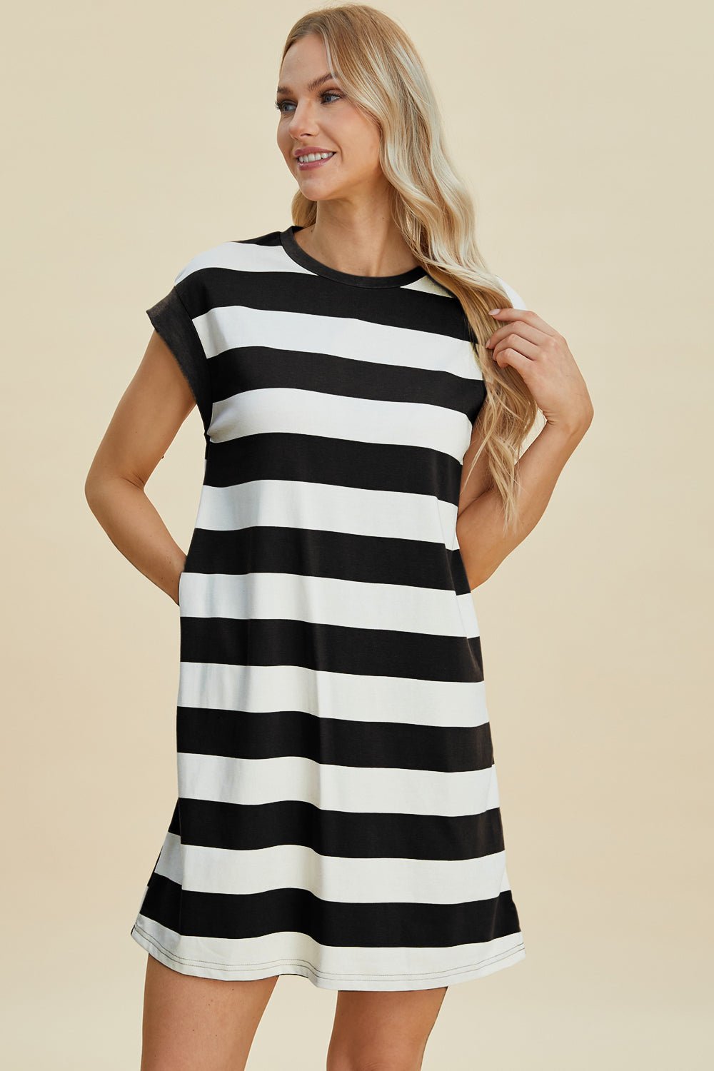 Basic Bae Full Size Striped Round Neck Cap Sleeve Mini Dress - Runway Regalia