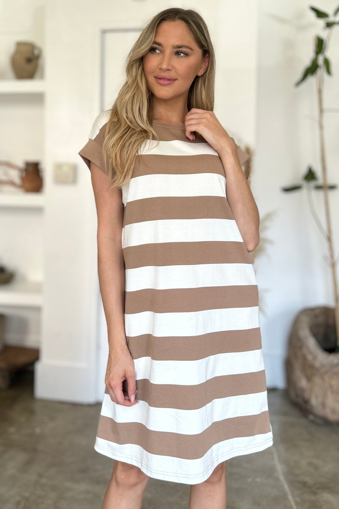 Basic Bae Full Size Striped Round Neck Cap Sleeve Mini Dress - Runway Regalia