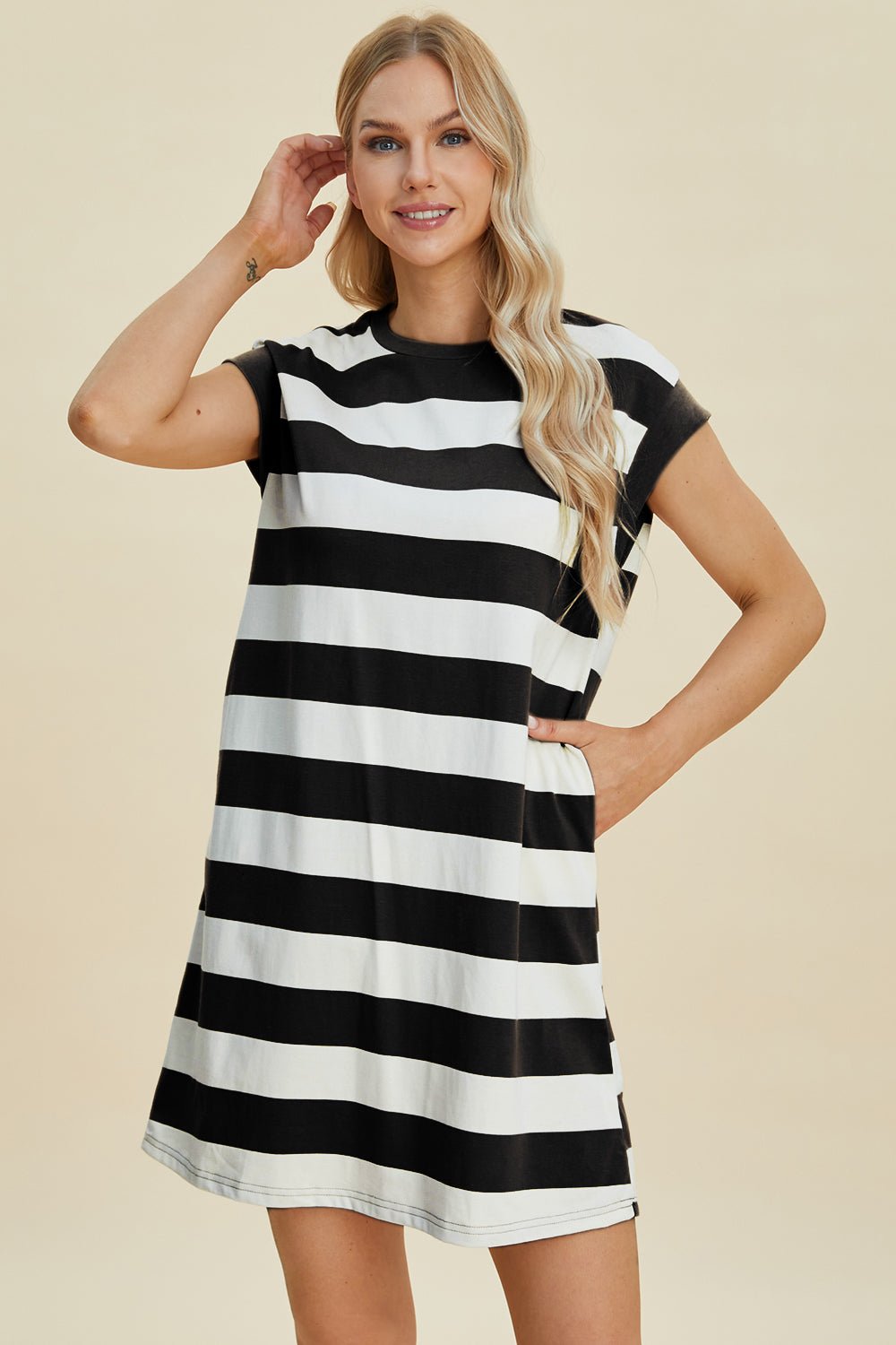 Basic Bae Full Size Striped Round Neck Cap Sleeve Mini Dress - Runway Regalia