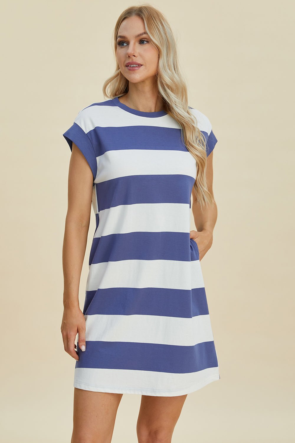 Basic Bae Full Size Striped Round Neck Cap Sleeve Mini Dress - Runway Regalia