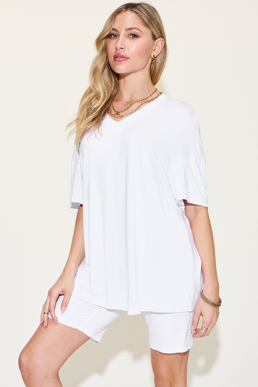 Basic Bae Full Size V - Neck Drop Shoulder T-Shirt and Shorts Set - Runway Regalia