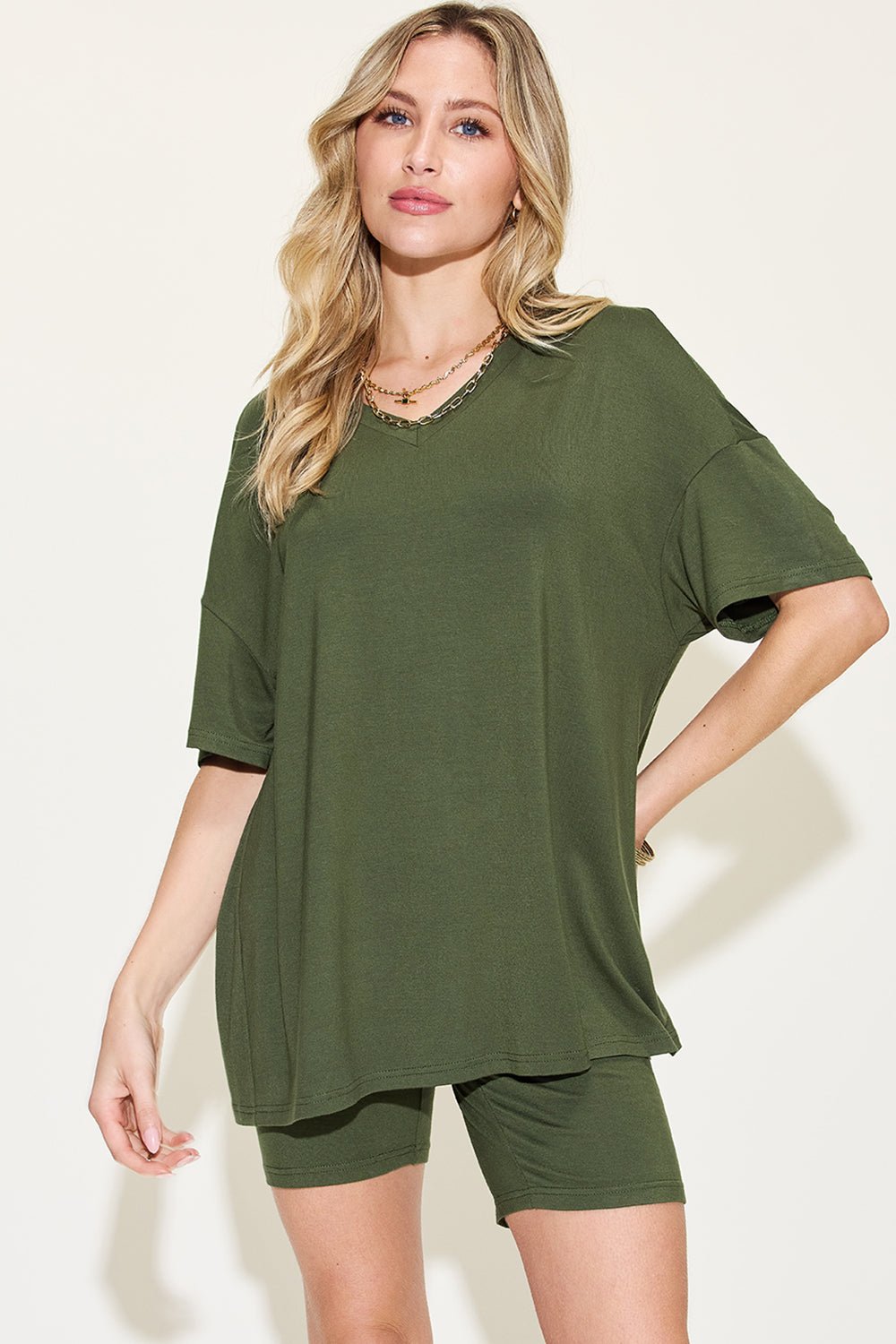 Basic Bae Full Size V - Neck Drop Shoulder T-Shirt and Shorts Set - Runway Regalia