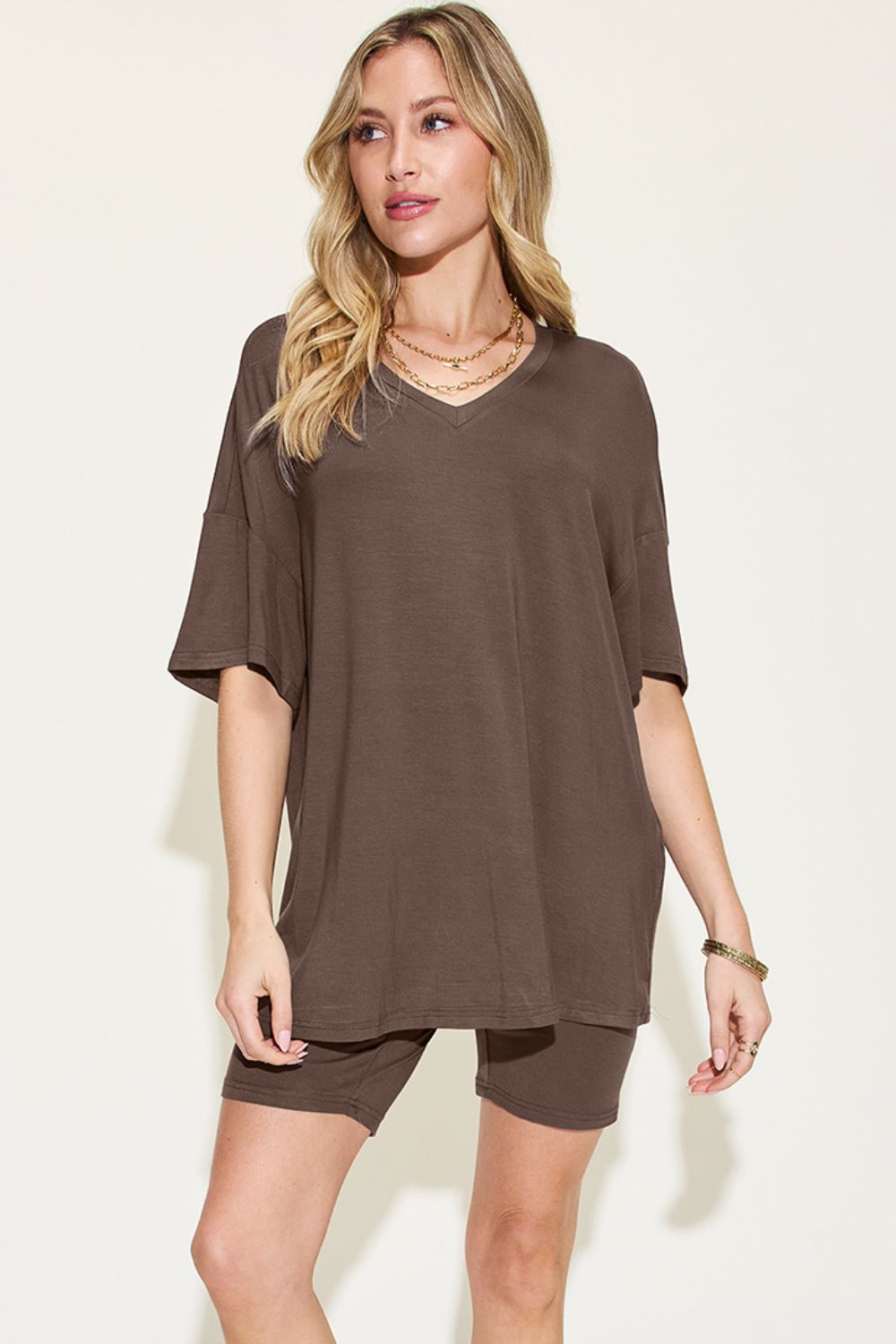 Basic Bae Full Size V - Neck Drop Shoulder T-Shirt and Shorts Set - Runway Regalia