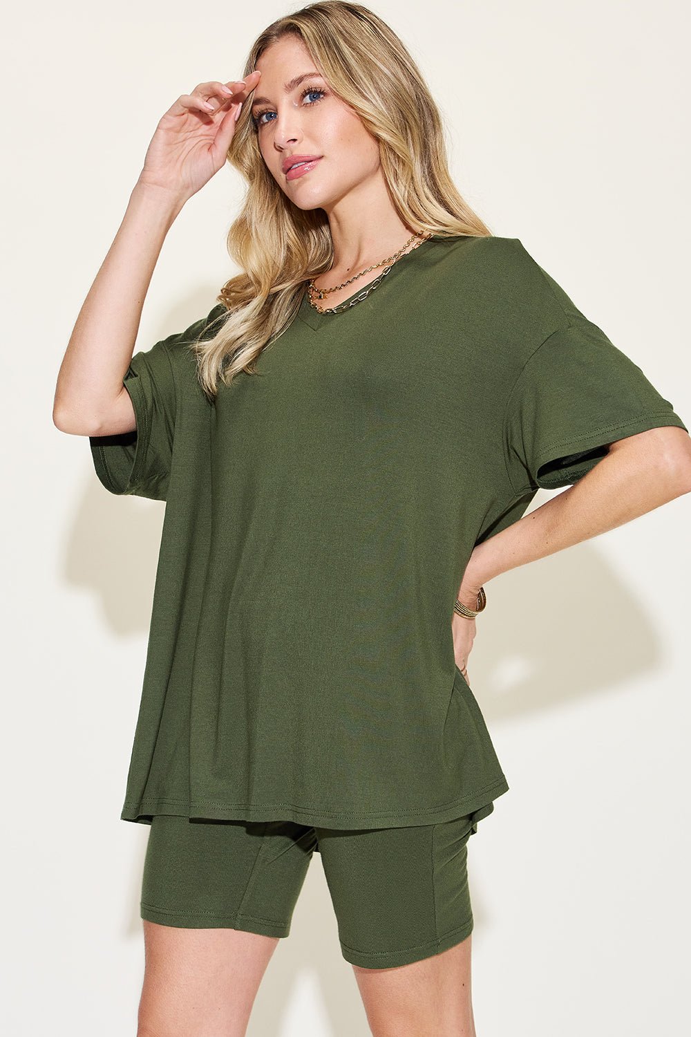 Basic Bae Full Size V - Neck Drop Shoulder T-Shirt and Shorts Set - Runway Regalia