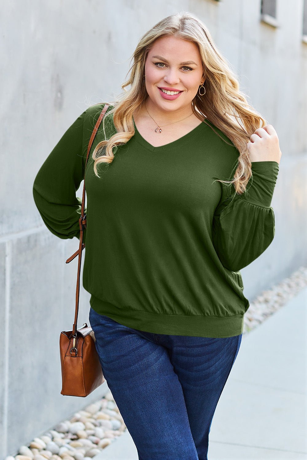 Basic Bae Full Size V - Neck Lantern Sleeve Top - Runway Regalia