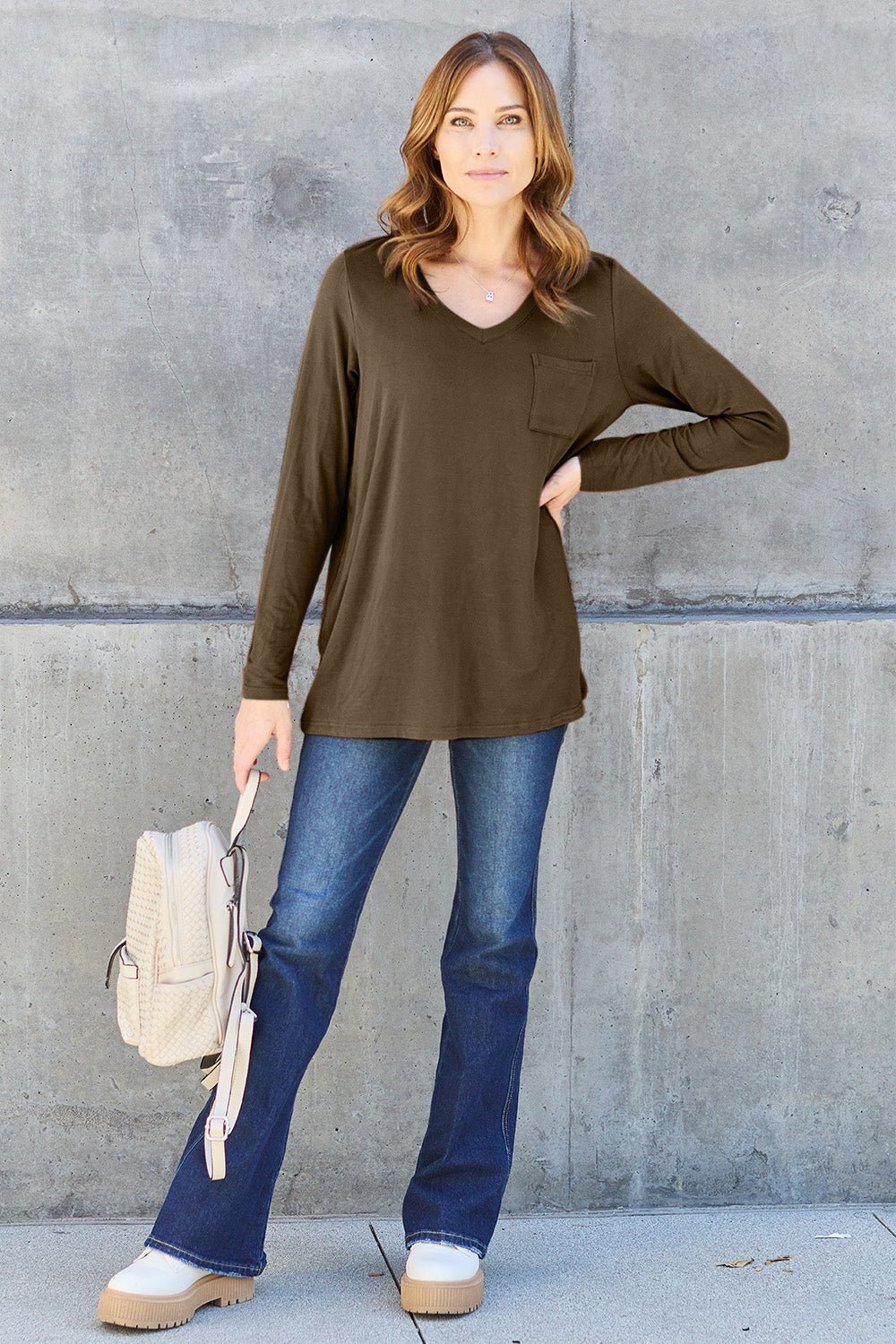 Basic Bae Full Size V - Neck Long Sleeve Top - Runway Regalia